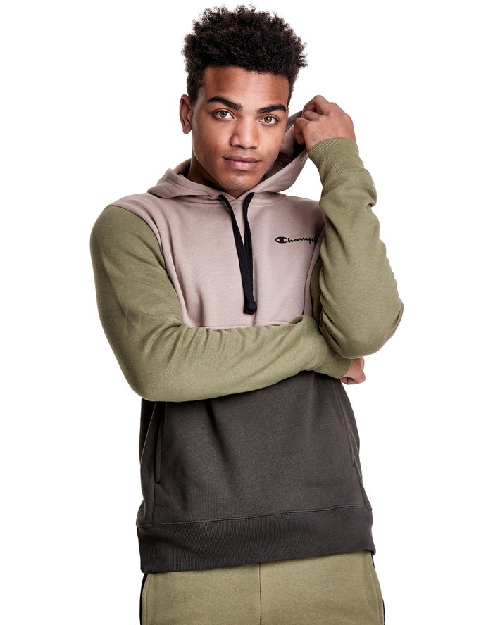 Champion Mens Hoodie NZ - Colorblock Fleece Olive/Black ( 0627-QLWVD )